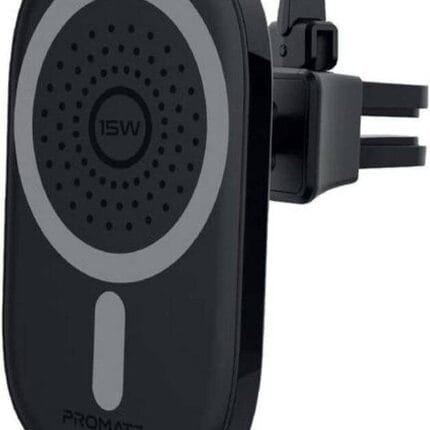 Promate Magnetic Wireless Car Charger for iPhone 12, Ultra-Fast Qi 15W Car Charger with Quick-Lock Air Vent Holder, Black