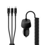 Promate VolTrip-UNI USB Car Charger with Cord, 3.4A Quick Charger Adapter with Built-In 3-in-1 Splitter USB-C, Micro-USB Charging Cable and 2.4A USB Port, for GPS, Mobile Phones and Tablets, Black