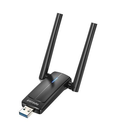 Porodo Dual Band WiFi6 USB Adapter with Additional USB A to Type-C Adaptor and External Antenna - Black
