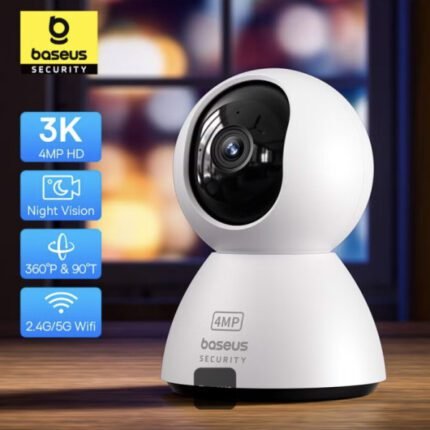 Baseus Security P1 Indoor 3K Wi-Fi Camera, AI Detection, 360° Pan, Night Vision, Up to 256GB MicroSD & Works with Google & Alexa - White