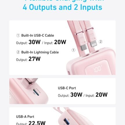 Anker Zolo Power Bank, 20,000mAh 30W Max Fast Portable Charger with Built-in USB-C and MFi Certified Lightning Cables, 1 USB-C, 1 USB-A, Battery Pack for iPhone 16/15/14 Series, Galaxy, and more