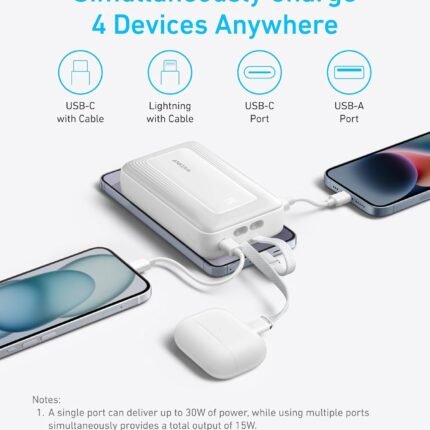 Anker Zolo Power Bank, 20,000mAh 30W Max Fast Portable Charger with Built-in USB-C and MFi Certified Lightning Cables, 1 USB-C, 1 USB-A, Battery Pack for iPhone 16/15/14 Series, Galaxy, and more