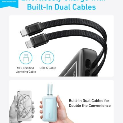 Anker Zolo Power Bank, 20,000mAh 30W Max Fast Portable Charger with Built-in USB-C and MFi Certified Lightning Cables, 1 USB-C, 1 USB-A, Battery Pack for iPhone 16/15/14 Series, Galaxy, and more