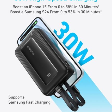 Anker Zolo Power Bank, 20,000mAh 30W Max Fast Portable Charger with Built-in USB-C and MFi Certified Lightning Cables, 1 USB-C, 1 USB-A, Battery Pack for iPhone 16/15/14 Series, Galaxy, and more