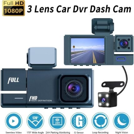 Camera for Cars Daily Deals 2-Inch Display Screen High-Definition 1080p Driving Recorder with Three Lenses Displaying The Same Parking Monitoring Loop Recording and Reverse Image Dash Cam