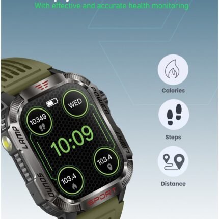 Moxedo Warrior Military Smart Watch with LED Flash Light 2.01 IPS HD Large Display Sport Smart Watch Bluetooth Calling, 100+ Watch Faces with Built-in Compass for Android and iOS- Green