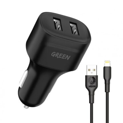Green Lion Dual Port Car Charger 12W with PVC Lightning Cable 1.2M - Black