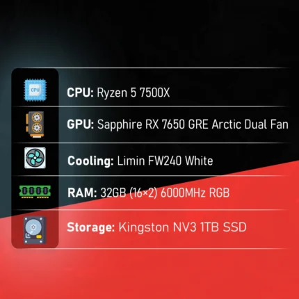 Custom Gaming PC - AMD Ryzen 5 7500X | RX 7650 GRE Arctic | 32GB RAM | White Futuristic Design