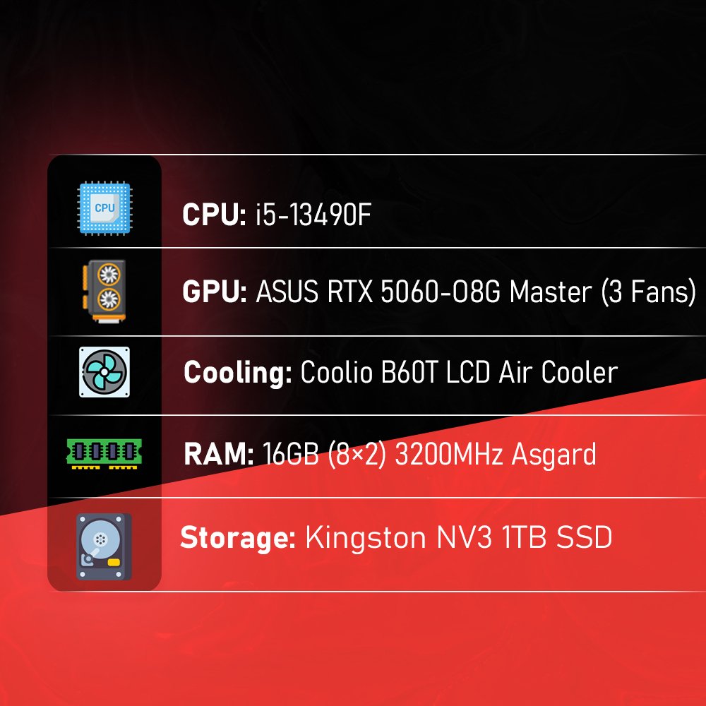 Custom Gaming PC - Cube Glass Design | Intel i5-13490F | ASUS RTX 5060 Master 3 Fans